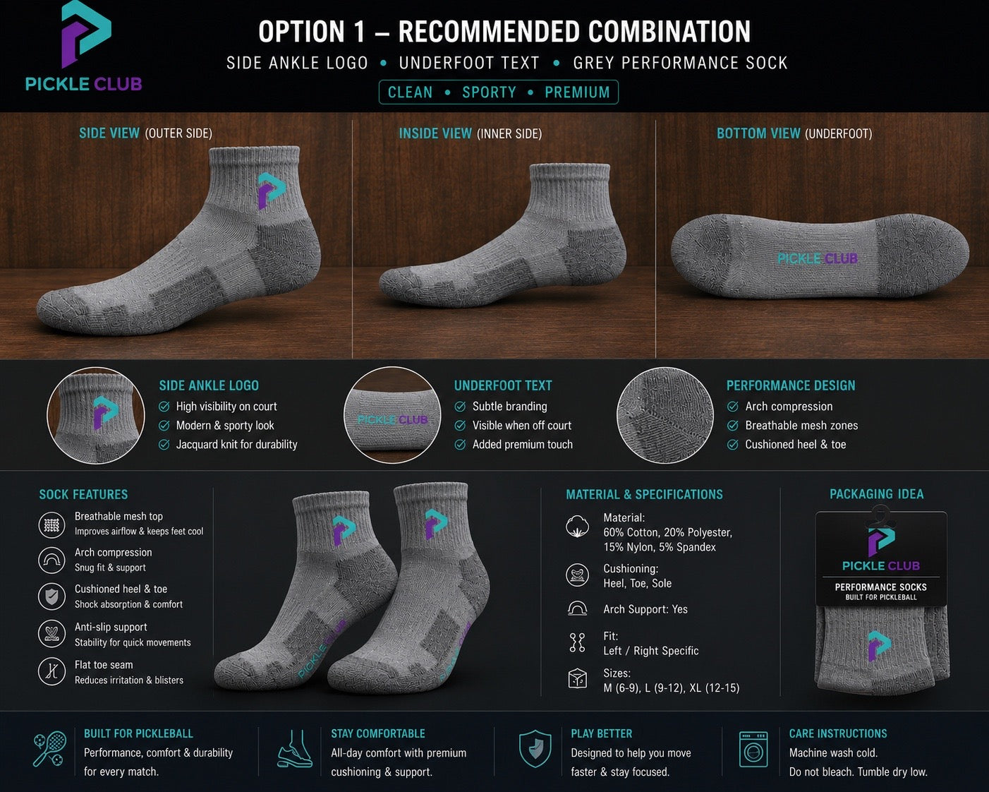 Pickle Club premium grey performance pickleball socks