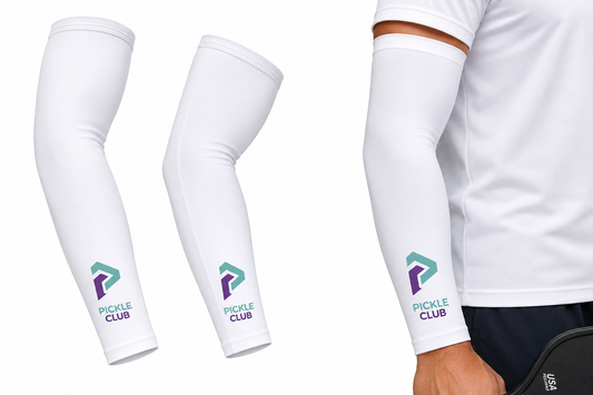 Pickle Club white compression arm sleeves with teal and purple logo