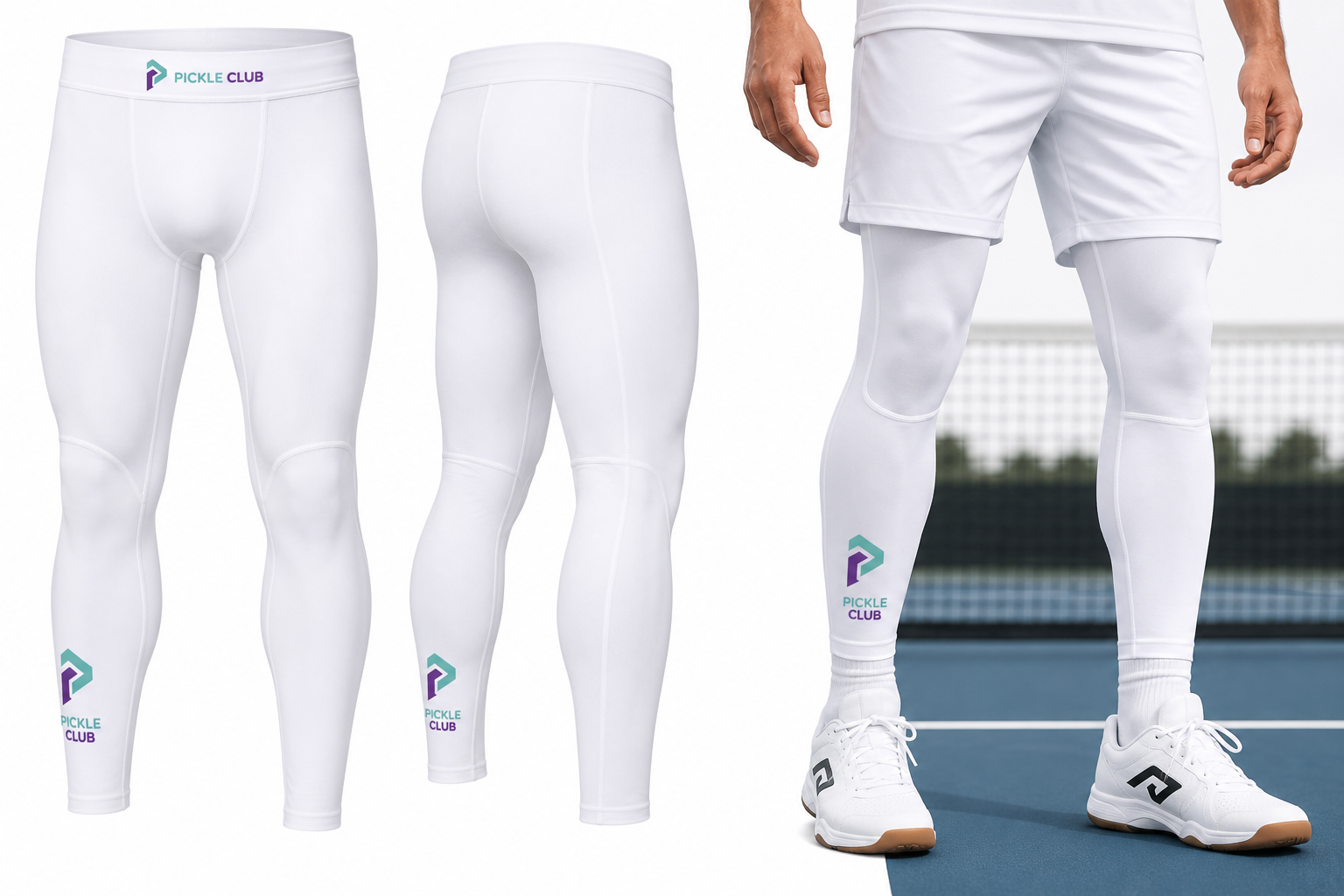 Pickle Club white knee and leg compression tights with teal and purple logo