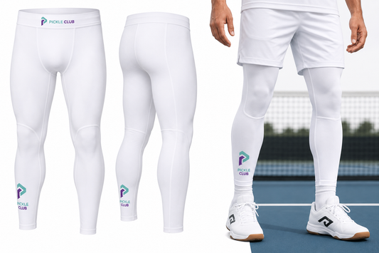 Pickle Club white knee and leg compression tights with teal and purple logo
